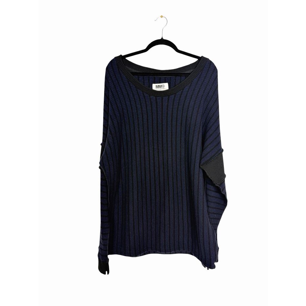 MM6 Maison Margiela Womens XL Navy Black Wool Striped Oversized Crew Sweater EUC